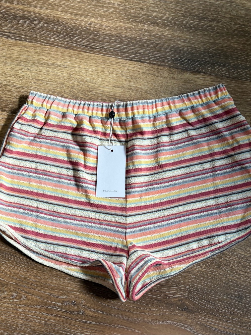 Striped Terry Cloth Lounge Shorts in Coral, Yellow & Cream